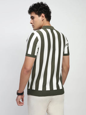 Green & Off White Stripes Viscose Blend Relaxed Fit T-Shirt