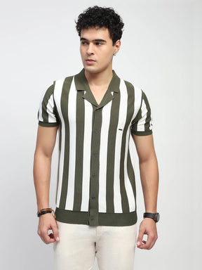 Green & Off White Stripes Viscose Blend Relaxed Fit T-Shirt