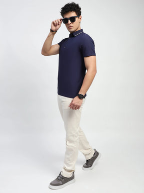 Navy Solid Nylon Regular Fit T-Shirt