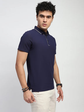 Navy Solid Nylon Regular Fit T-Shirt