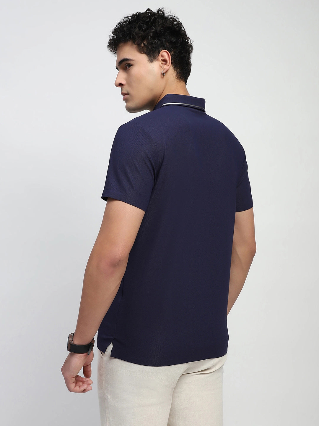 Navy Solid Nylon Regular Fit T-Shirt