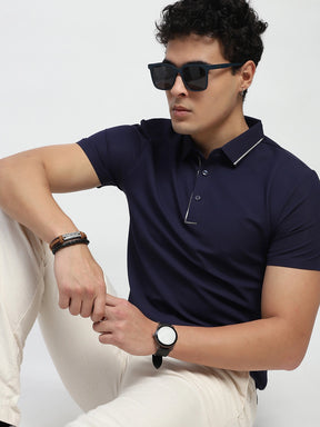 Navy Solid Nylon Regular Fit T-Shirt