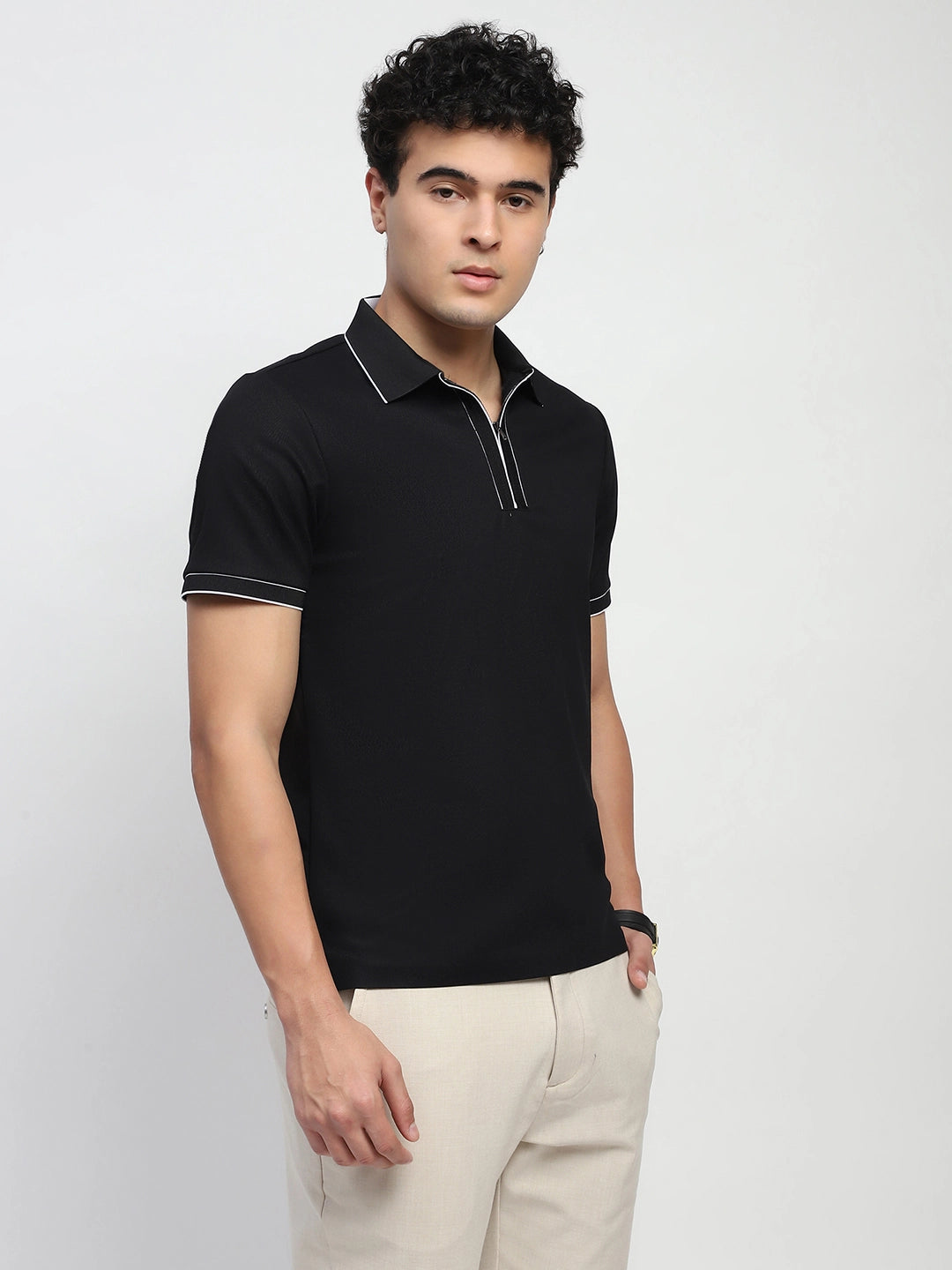 Black Solid Nylon Blend Regular Fit T-Shirt