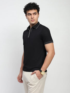 Black Solid Nylon Blend Regular Fit T-Shirt