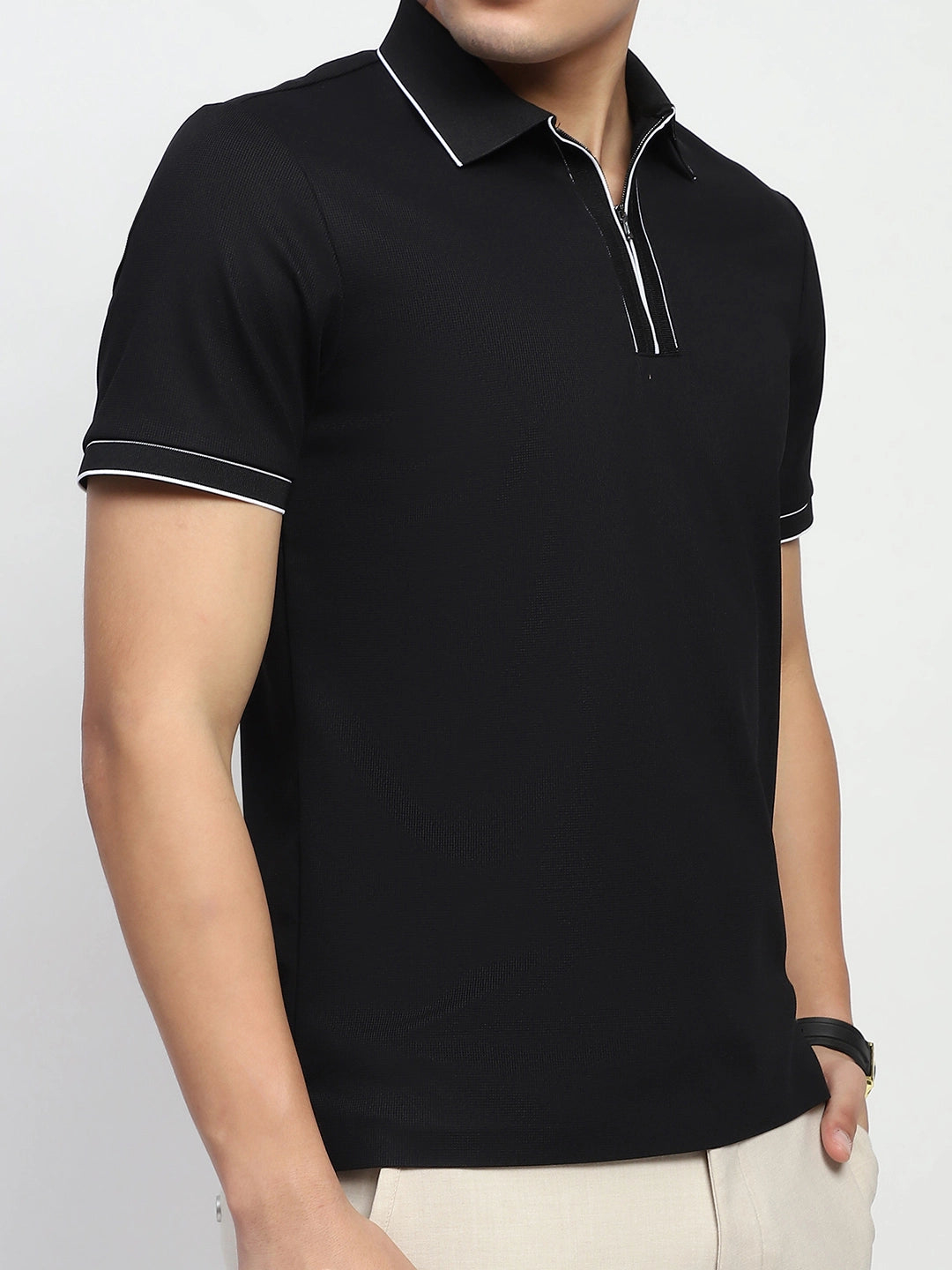 Black Solid Nylon Blend Regular Fit T-Shirt