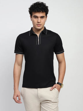 Black Solid Nylon Blend Regular Fit T-Shirt