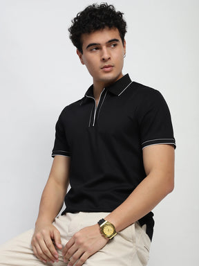 Black Solid Nylon Blend Regular Fit T-Shirt