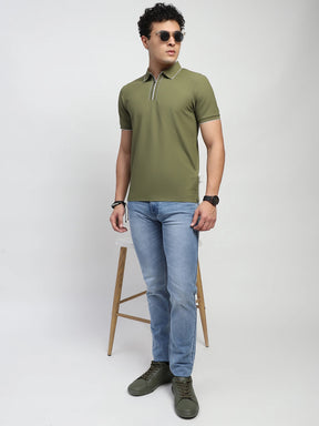 Light Olive Solid Nylon Blend Regular Fit T-Shirt