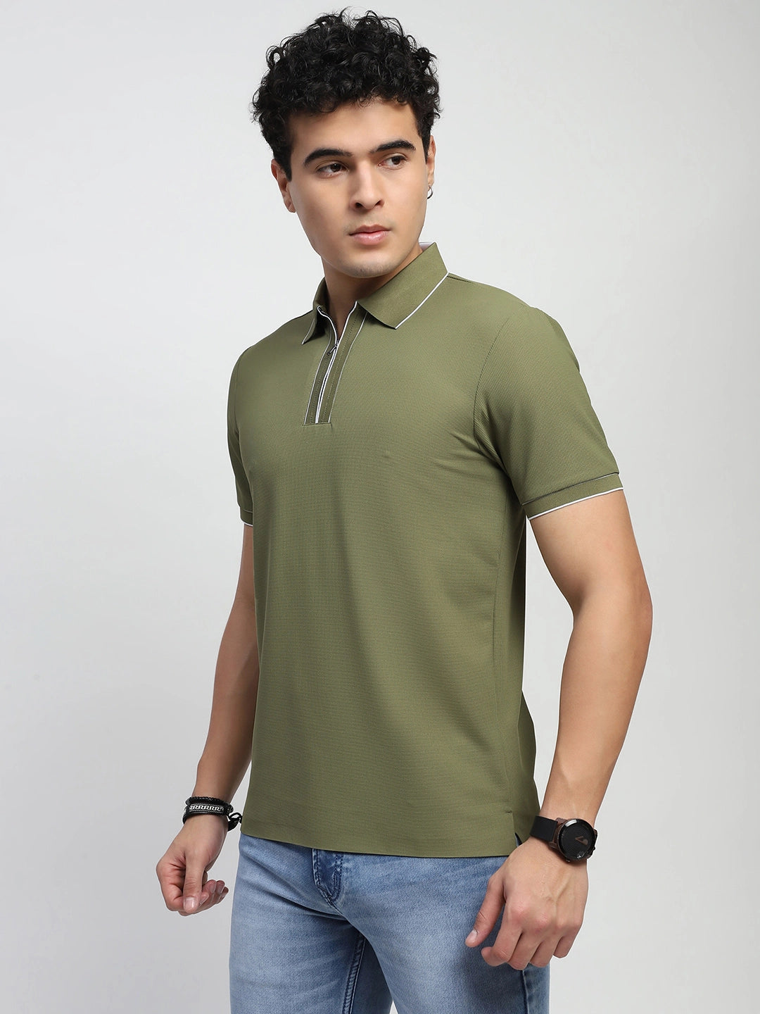 Light Olive Solid Nylon Blend Regular Fit T-Shirt