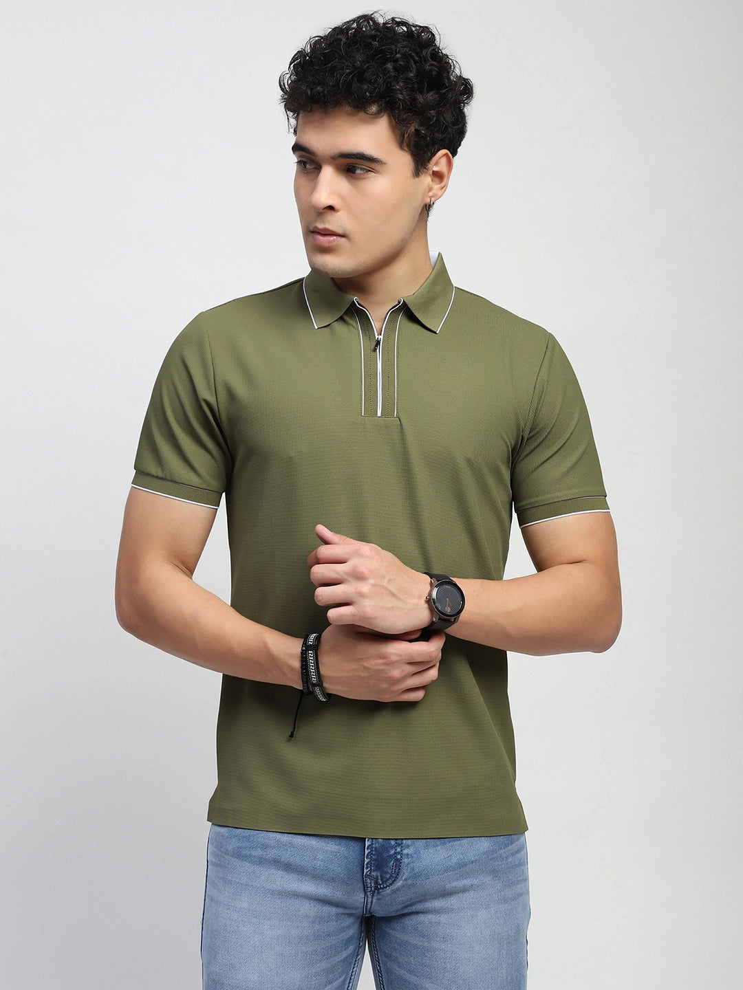 Light Olive Solid Nylon Blend Regular Fit T-Shirt