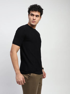 Black Self Design Stripes Cotton Regular Fit T-Shirt