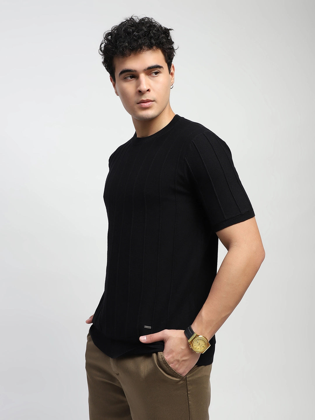 Black Self Design Stripes Cotton Regular Fit T-Shirt