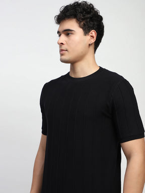 Black Self Design Stripes Cotton Regular Fit T-Shirt