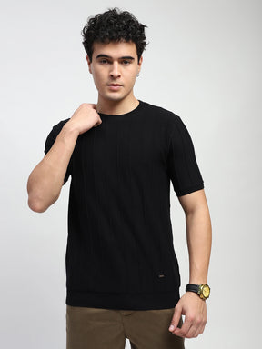 Black Self Design Stripes Cotton Regular Fit T-Shirt