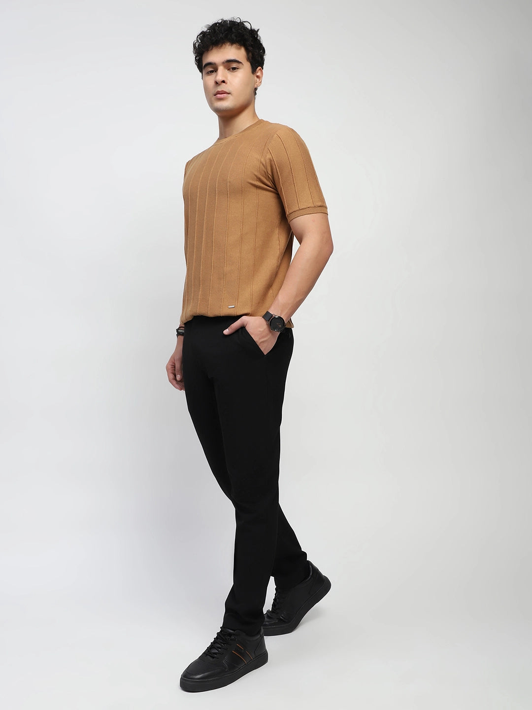 Khaki Self Design Stripes Cotton Regular Fit T-Shirt