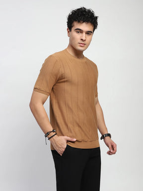 Khaki Self Design Stripes Cotton Regular Fit T-Shirt