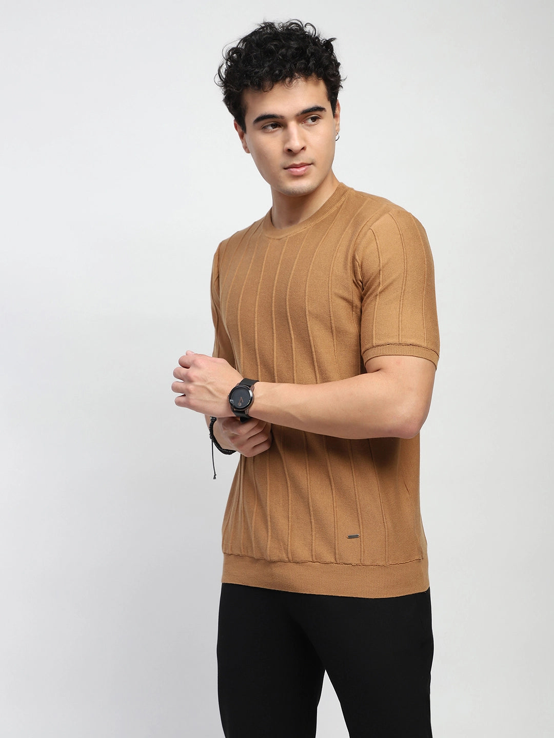 Khaki Self Design Stripes Cotton Regular Fit T-Shirt