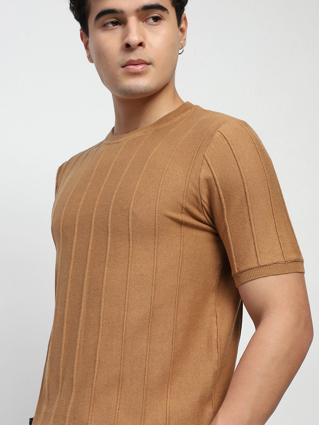 Khaki Self Design Stripes Cotton Regular Fit T-Shirt