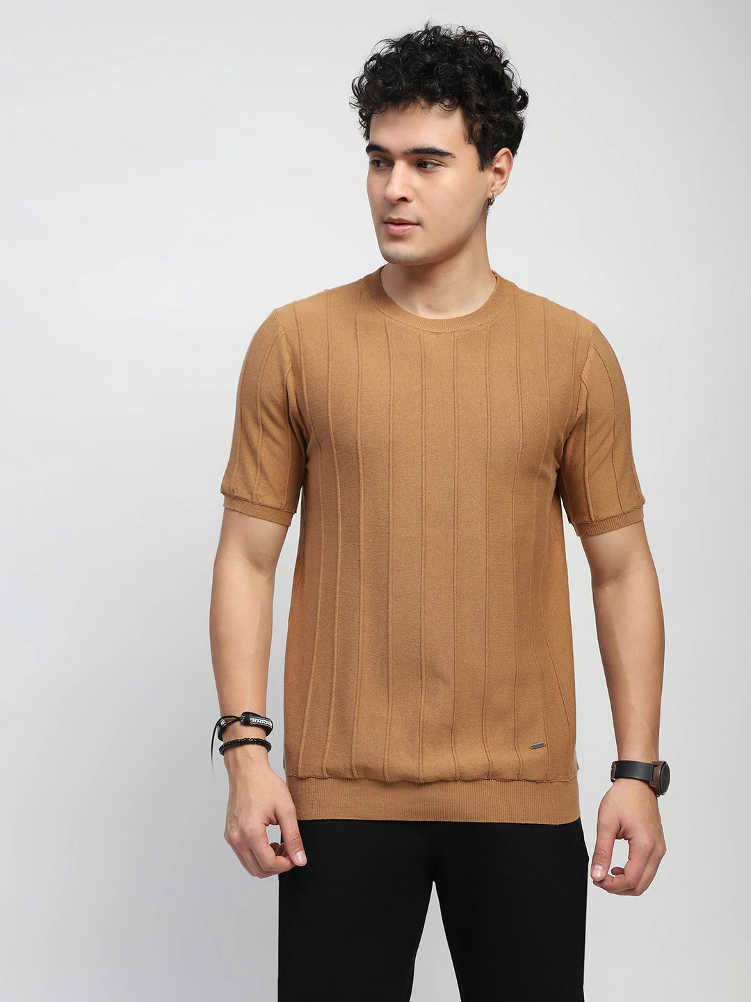 Khaki Self Design Stripes Cotton Regular Fit T-Shirt