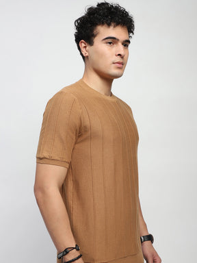 Khaki Self Design Stripes Cotton Regular Fit T-Shirt