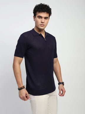 Navy Self Design  Cotton Regular Fit T-Shirt