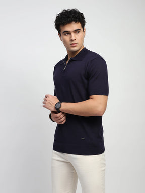 Navy Self Design  Cotton Regular Fit T-Shirt