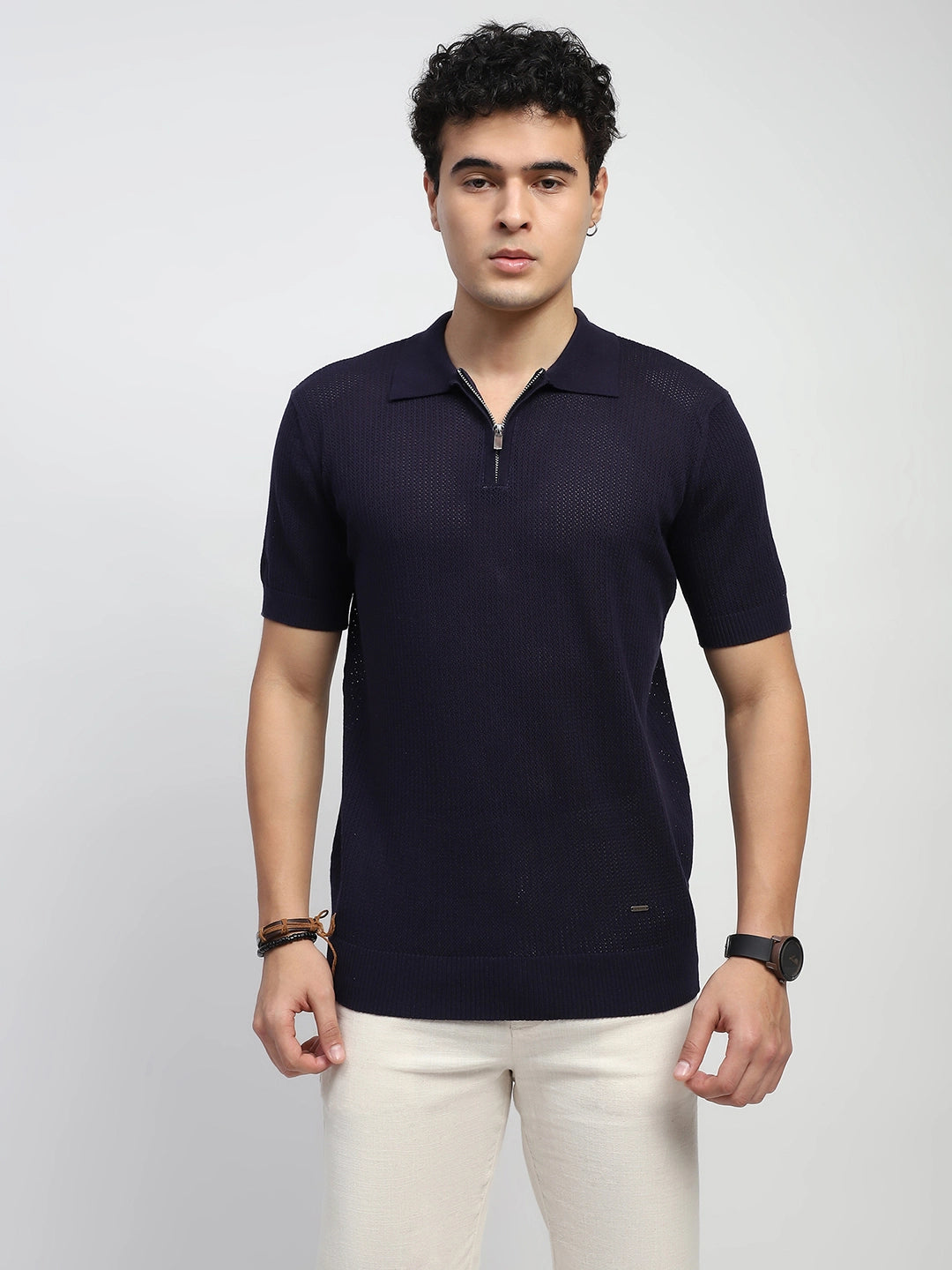 Navy Self Design  Cotton Regular Fit T-Shirt