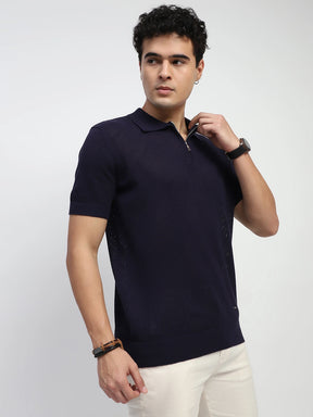 Navy Self Design  Cotton Regular Fit T-Shirt