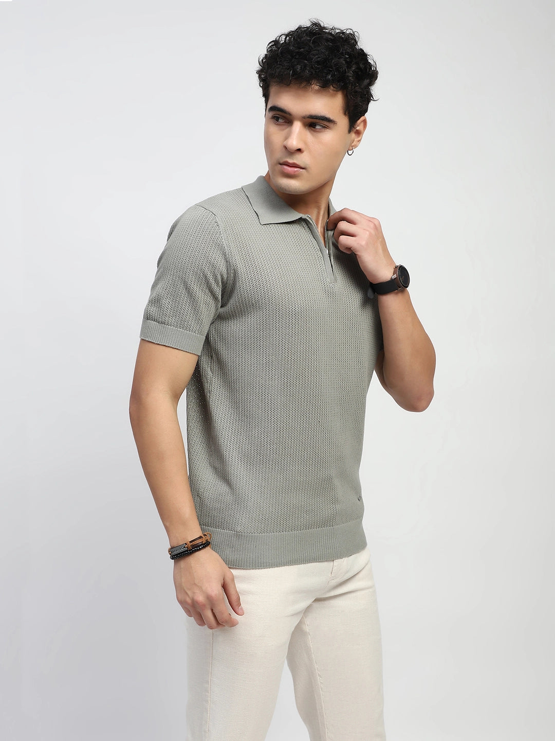 Steel Grey Self Design  Cotton Regular Fit T-Shirt