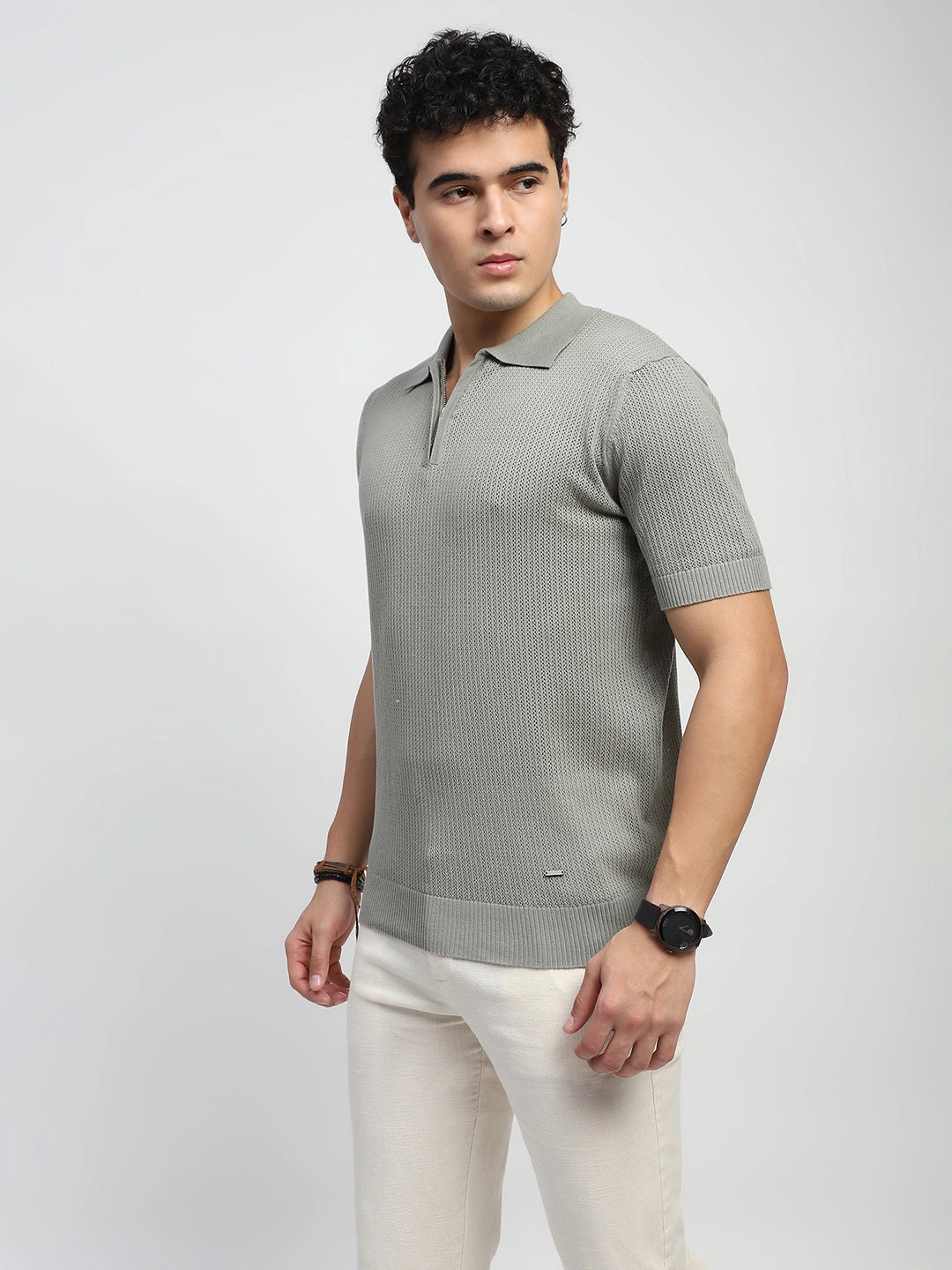 Steel Grey Self Design  Cotton Regular Fit T-Shirt