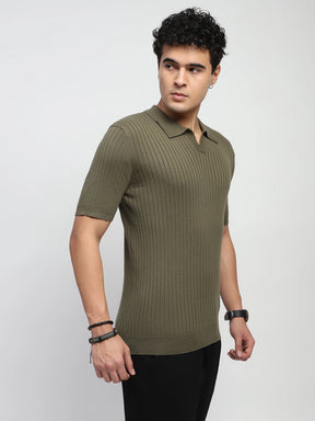 Olive Self Stripes Cotton Regular Fit T-Shirt