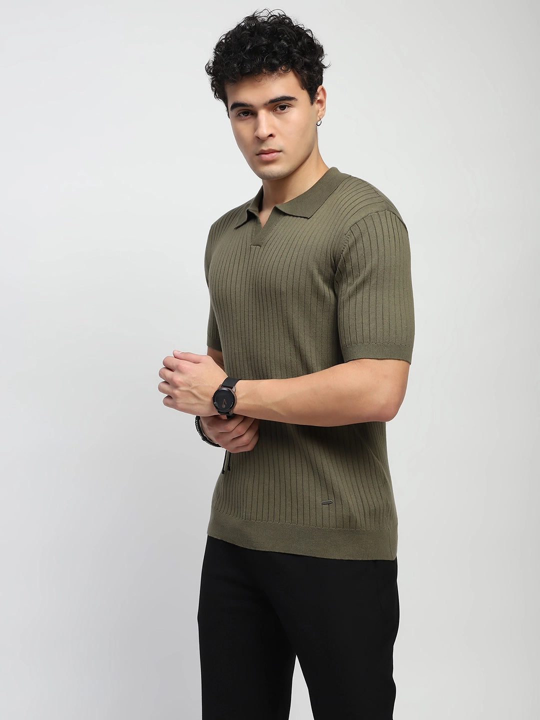 Olive Self Stripes Cotton Regular Fit T-Shirt