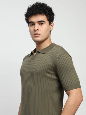 Olive Self Stripes Cotton Regular Fit T-Shirt