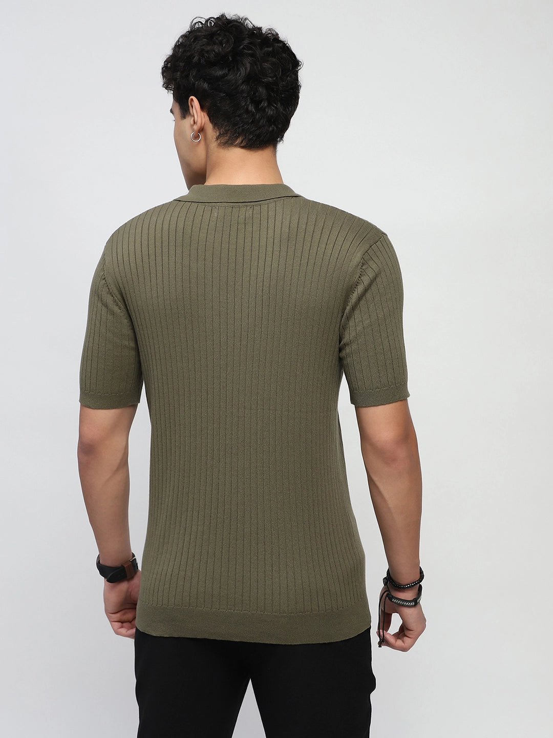 Olive Self Stripes Cotton Regular Fit T-Shirt