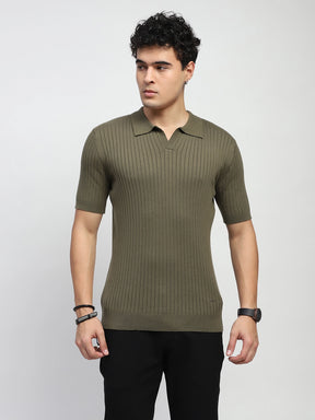 Olive Self Stripes Cotton Regular Fit T-Shirt