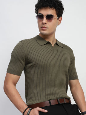 Olive Self Stripes Cotton Regular Fit T-Shirt