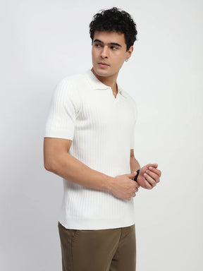 White Self Stripes Cotton Regular Fit T-Shirt