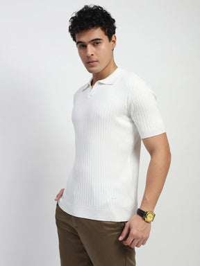 White Self Stripes Cotton Regular Fit T-Shirt