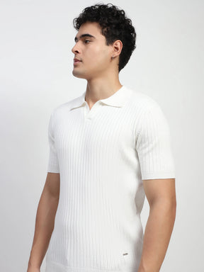 White Self Stripes Cotton Regular Fit T-Shirt