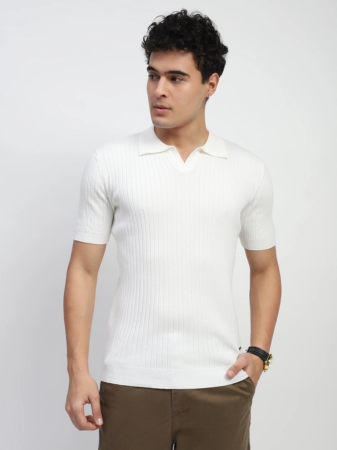 White Self Stripes Cotton Regular Fit T-Shirt