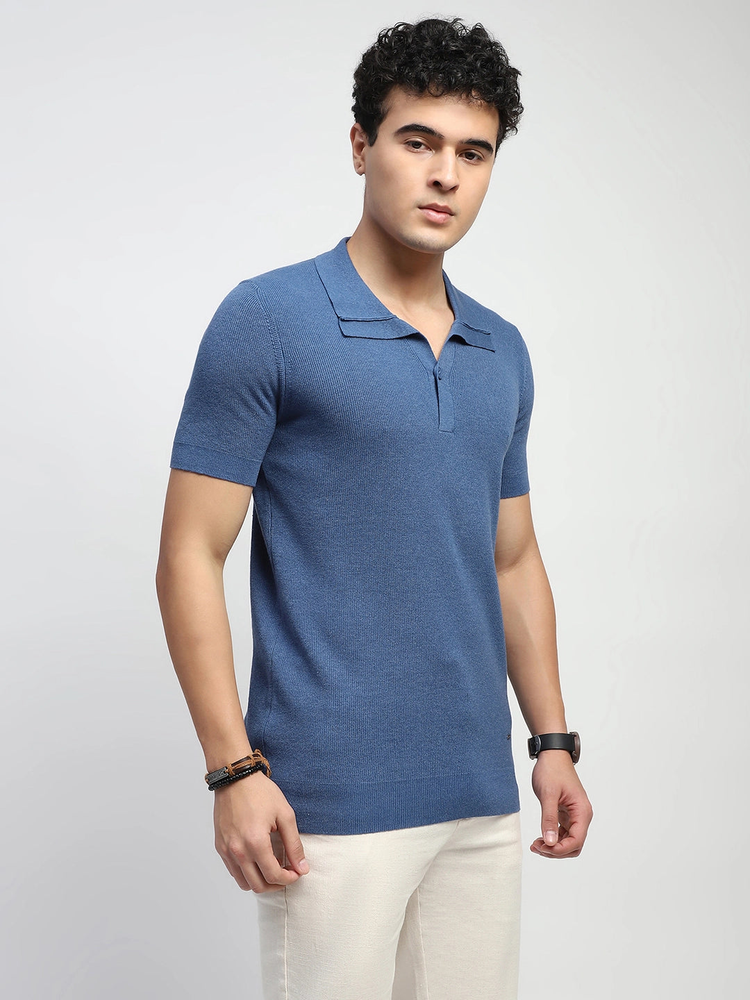 Blue Self Design  Cotton Regular Fit T-Shirt