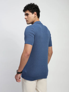 Blue Self Design  Cotton Regular Fit T-Shirt