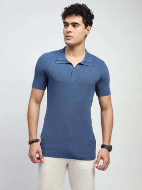 Blue Self Design  Cotton Regular Fit T-Shirt