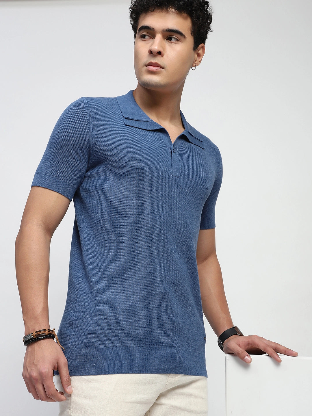 Blue Self Design  Cotton Regular Fit T-Shirt