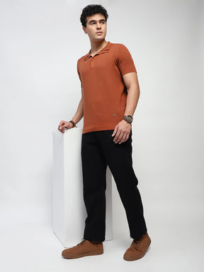 Gold Brown Self Design  Cotton Regular Fit T-Shirt