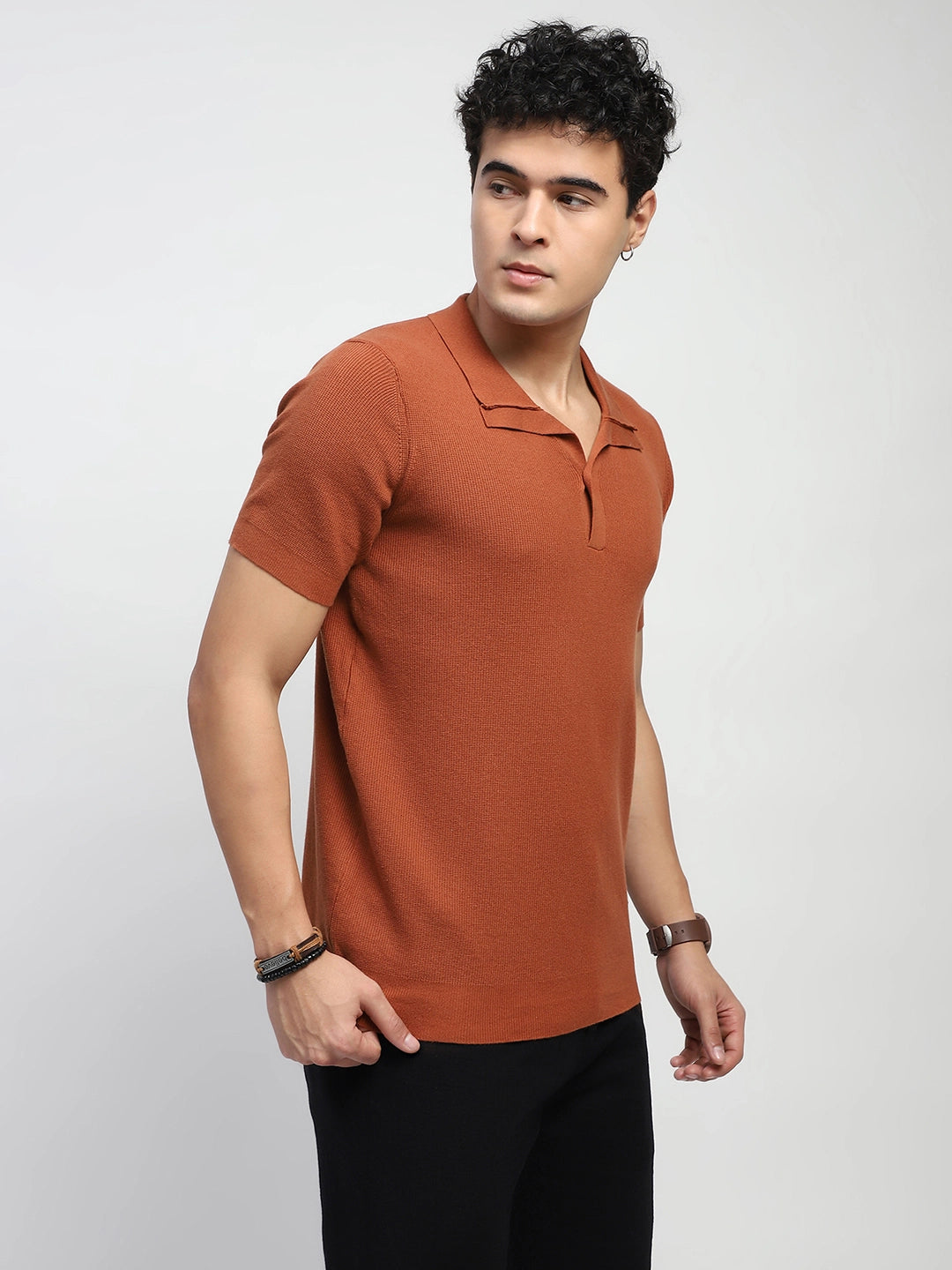 Gold Brown Self Design  Cotton Regular Fit T-Shirt