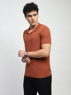 Gold Brown Self Design  Cotton Regular Fit T-Shirt