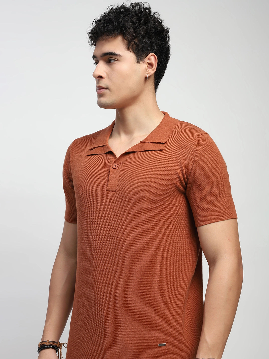 Gold Brown Self Design  Cotton Regular Fit T-Shirt