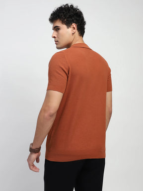 Gold Brown Self Design  Cotton Regular Fit T-Shirt