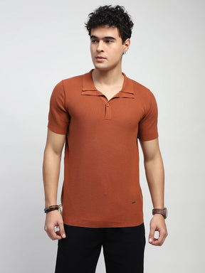 Gold Brown Self Design  Cotton Regular Fit T-Shirt